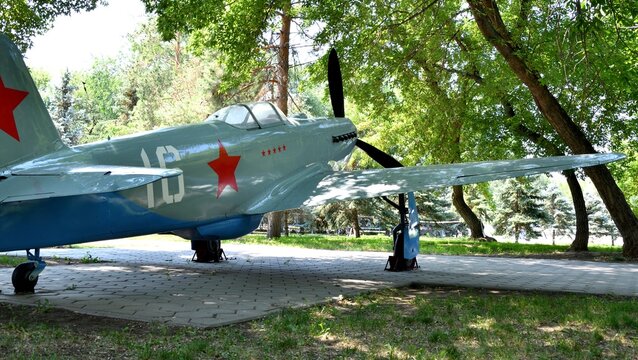 Soviet single-engine YAK-3 fighter aircraft of the Great Patriotic War period in the exhibition complex "Salute, Victory!", Orenburg, Russia
