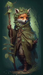 "The Cute Fox Dryad with a Shiny Wooden Magic Staff in an Enchanted Forest", featuring a highly detailed full-body portrait of a lovely and charming young fox Dryad, holding a showy wooden magic staff