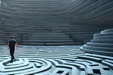 Man Walking Into Big Labyrinth. Finding Solution Concept. Generative AI