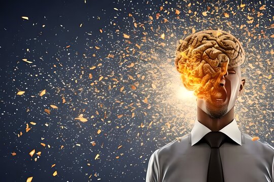 Man In A Business Shirt And Tie Exploding Head. The Concept Of Mental Overload. Busyness. Stress At Work. Brain Drain. Technology. Generative AI