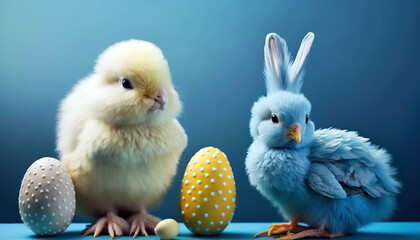 A fluffy yellow chick and a blue bird with bunny ears sit next to decorated eggs, one dotted and one striped, against a blue backdrop.Happy Easter wallpaper.Generative AI.