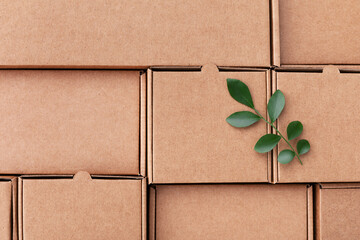 Sprout of grean leaves on recycled cardboard boxes top view. Eco, saving energy, zero waste,...