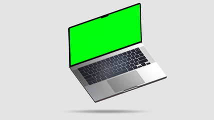 3d render floating laptop macbook pro apple mockup green screen realistic isolated background...
