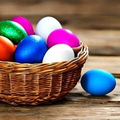 Fototapeta na wymiar Easter eggs in a tatch basket on a wooden table - IA generativa