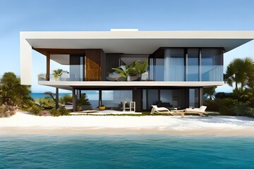 Fototapeta premium Small Luxury Modern Beach House. Beach House. Modern Architecture. Villa By The Sea. Generative AI