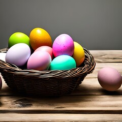 Naklejka premium Easter eggs in a tatch basket on a wooden table - IA generativa