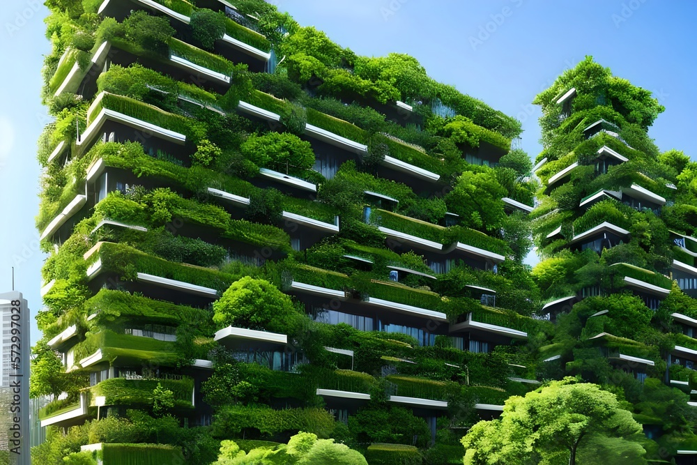 Wall mural Splendid Environmental Awareness City With Vertical Forest Concept Of Metropolis Covered With Green Plants. Civil Architecture And Natural Biological Life Combination. Generative AI - Wall murals