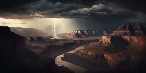 Aerial view of a thunderstorm in the Grand Canyon and Colorado river by generative AI