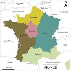

France (French) map with multicolor division 5 regions include border countries, Italy, Belgium, Switzerland, England, Luxembourg, Andorra, Spain, Germany, English Channel, Mediterranean Sea 
