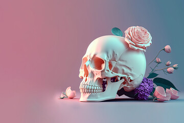Anatomical human skull with flowers on a pastel background. Beauty and health concept. Generative AI