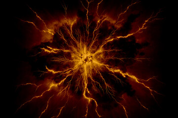 Golden red electricity lightning background radiating from the center by generative AI