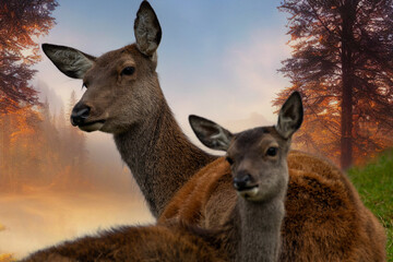 Fototapeta premium Alttier mit Kalb (Rotwild)