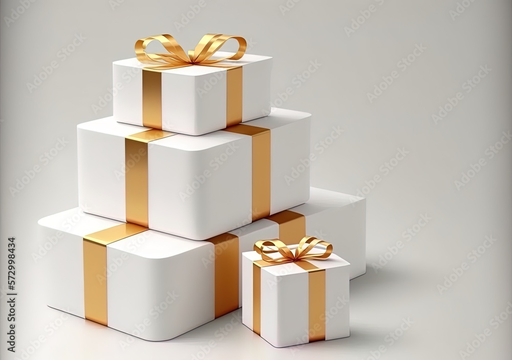 Poster a stack of present boxes, all white with gold ribbons and a white backdrop with copy space. generati