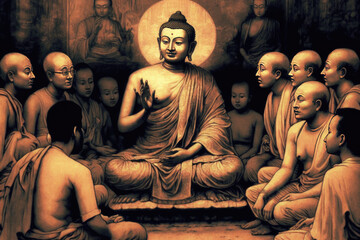 Fototapeta na wymiar Buddha teaching his disciples
