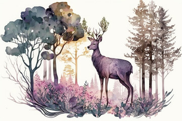 Watercolor forest composition with deer, flowers and trees, generative AI