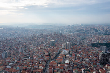 High angle aerial panoramic view of houses and business centers in Maslak region of Sariyer district, Istanbul