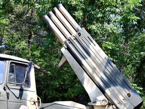 Elements of MLRS "Grad" BM-21 - Soviet and Russian multiple launch rocket system (MLRS) of 122 mm caliber, in the exhibition complex "Salute, Victory!", Orenburg, Russia