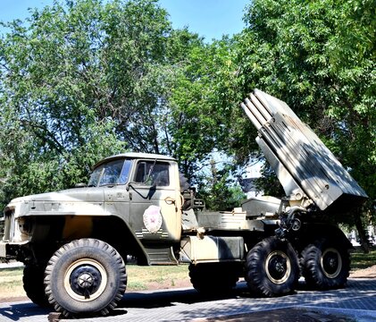 Elements of MLRS "Grad" BM-21 - Soviet and Russian multiple launch rocket system (MLRS) of 122 mm caliber, in the exhibition complex "Salute, Victory!", Orenburg, Russia