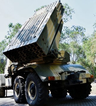 Elements of MLRS "Grad" BM-21 - Soviet and Russian multiple launch rocket system (MLRS) of 122 mm caliber, in the exhibition complex "Salute, Victory!", Orenburg, Russia