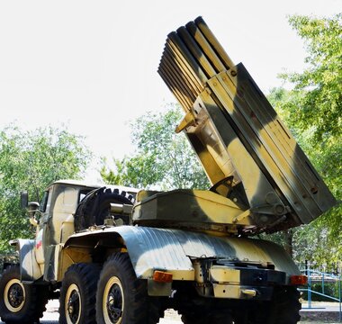 Elements of MLRS "Grad" BM-21 - Soviet and Russian multiple launch rocket system (MLRS) of 122 mm caliber, in the exhibition complex "Salute, Victory!", Orenburg, Russia