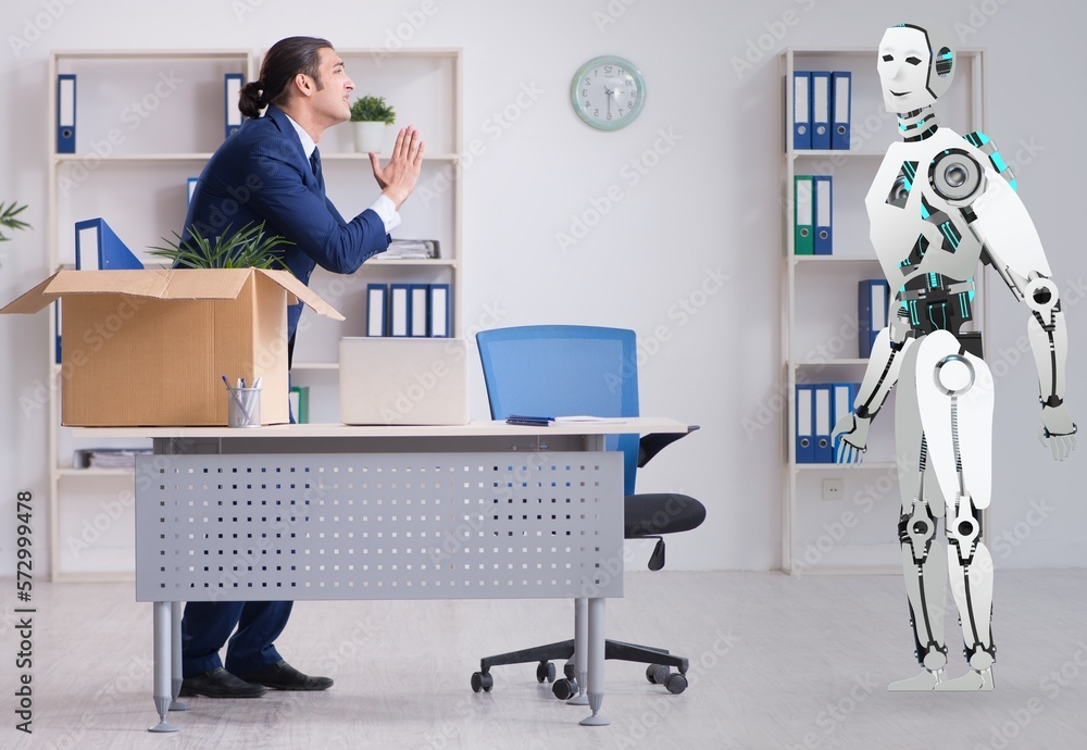 Poster concept of robots replacing humans in offices