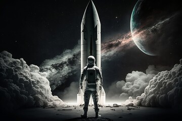 astronaut standing before a towering rocket, ready to embark on a journey into the infinite expanse of space.
