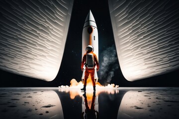 astronaut standing before a towering rocket, ready to embark on a journey into the infinite expanse of space.