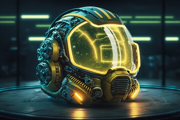 A futuristic space helmet in a bustling