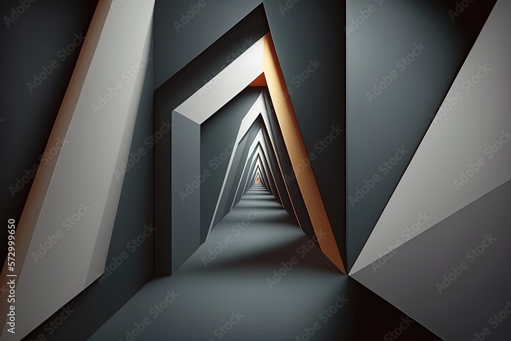 Poster image shows an abstract triangle on a gray backdrop, with a hidden passageway. generative ai