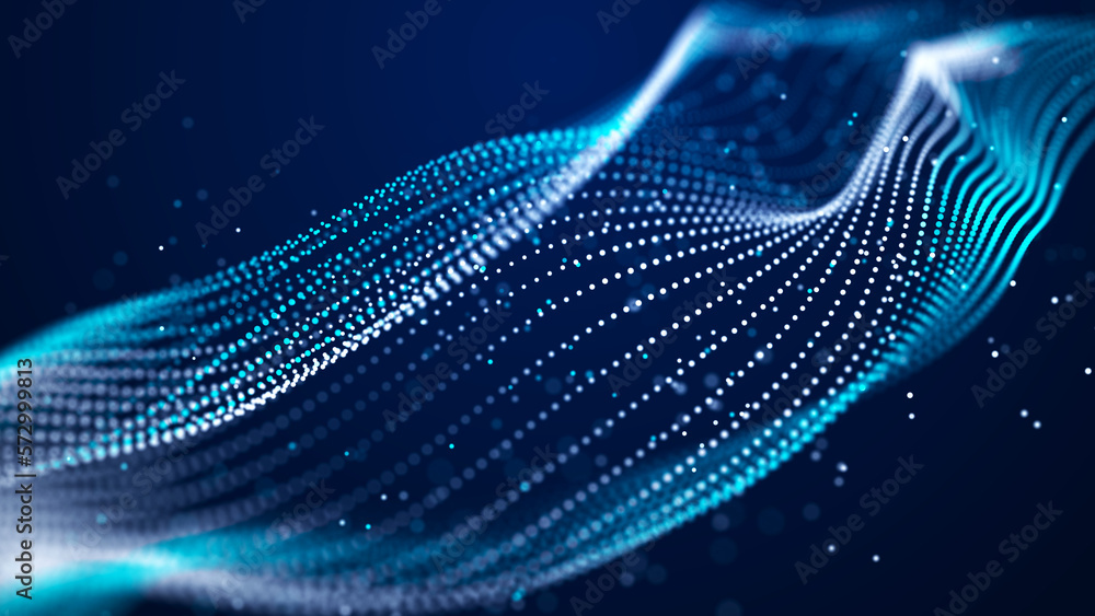 Poster futuristic wave of dots with moving particles. abstract technology background. 3d visualization of b