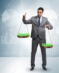 Businessman trying to find balance between taxes and salary