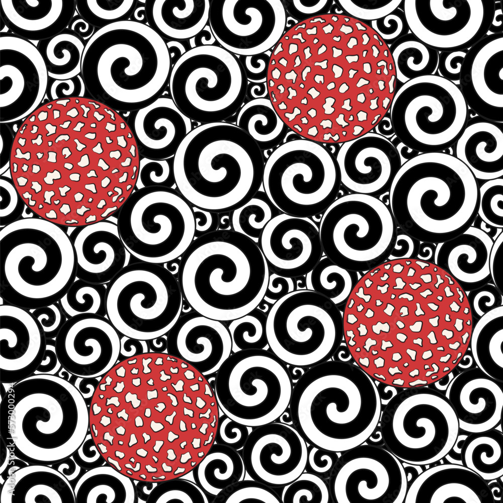 Poster seamless pattern with black and white swirls and caps of fly agaric mushroom. color vector backgroun