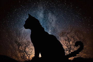 In a rare and magical moment, a ghostly cat silhouette is captured against a backdrop of starry night sky, shimmering and flickering like a constellation. Ai