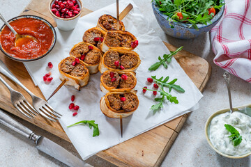 Beyti - Turikish lamb kofte-style kebab wrapped in flatbread