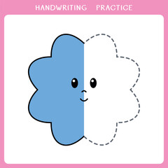 Handwriting practice worksheet. Simple educational game for kids. Vector illustration of cute cloud for coloring book