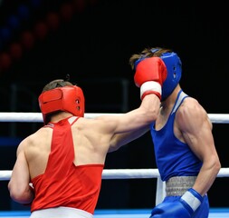 Two young men in the ring compete in boxing  - obrazy, fototapety, plakaty