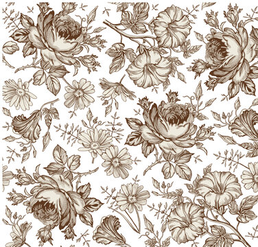 Seamless pattern. Chamomile Daisies Roses wildflowers. Beautiful blooming realistic isolated flowers Vintage background fabric Wallpaper baroque. Drawing engraving sketch Vector victorian illustration