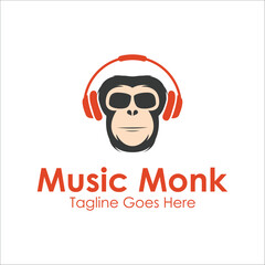 Music Monk Logo Design Template with monk icon and headset. Perfect for business, company, mobile, app, etc