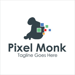 Pixel Monk Logo Design Template with monk icon and pixel. Perfect for business, company, mobile, app, etc