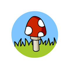Mushroom logo in a circle with red cap.