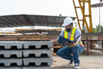 Man engineer with document checking quality concrete panels floor. Foreman wearing vest and helmet...