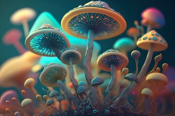 Psychedelic Magic: Abstract Art of Vibrant Psilocybin Mushrooms - Illustration, Generative AI
