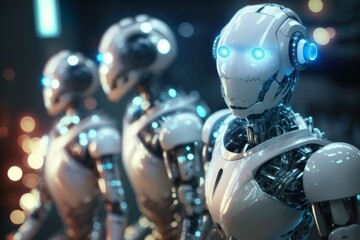 Futuristic Joy: Three White AI Robots Bringing Hope and Innovation - Illustration, Generative AI