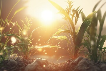 Sun-kissed Plants: A Dreamy Bokeh Background - Illustration, Generative AI
