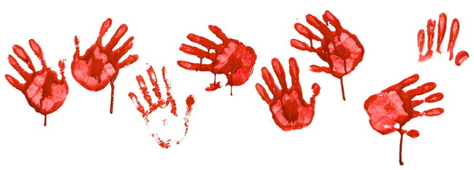 Bloody handprint, red spray stain isolated on white