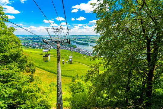 Cableway cablecar above vineyards near Rhein Rhine river in Ruedesheim am Rhein, Rudesheim, Rheingau-Taunus-Kreis, Darmstadt, Hessen, Germany