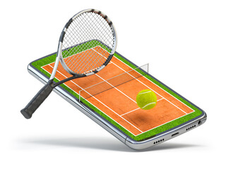 Tennis app video game on smartphone.. Mobile phone and  ball and racket on tennis court isolated on white.