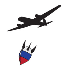 Template or sign of a falling atomic bomb in the colors of the flag of the Russian Federation, against the background of a departing aircraft. Flat vector illustration of nuclear missile air bomb.