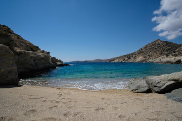 The beautiful turquoise dream sandy beach of Sapounohoma in Ios Greece