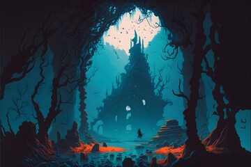 underground forgotten old abandonned haunted civilisation fantastic many wrecked houses rock cliff waterfall undersea haunted cemetery cursed place by eyvind earle and moebius realistic 8k 